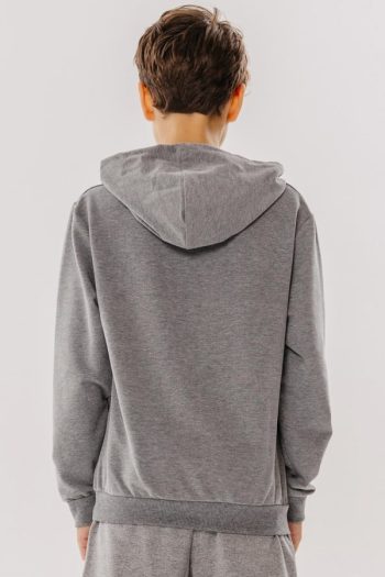 Boys' Printed Sweatshirt with Patches and Kangaroo Pocket in Dark Grey Melange (8-10 Years)