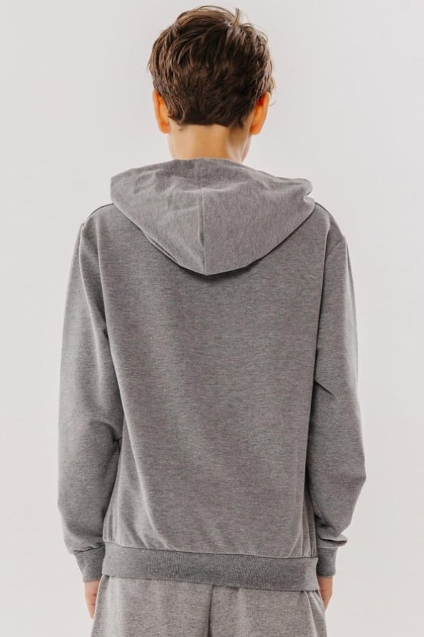 Boys' Printed Sweatshirt with Patches and Kangaroo Pocket in Dark Grey Melange (8-10 Years)