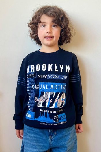 Boys' Printed Sweatshirt in Navy Blue (Ages 7-12)