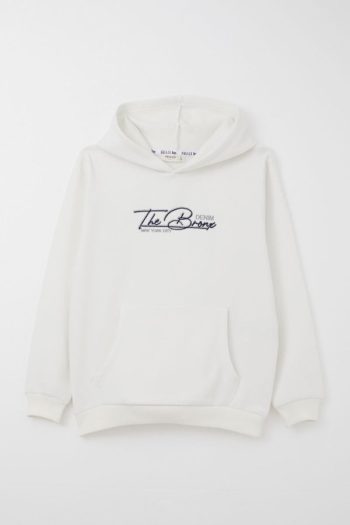 Boys' Hoodie with Embroidered Design and Kangaroo Pocket in Ecru (Ages 4-8)
