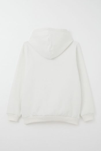 Boys' Hoodie with Embroidered Design and Kangaroo Pocket in Ecru (Ages 4-8)
