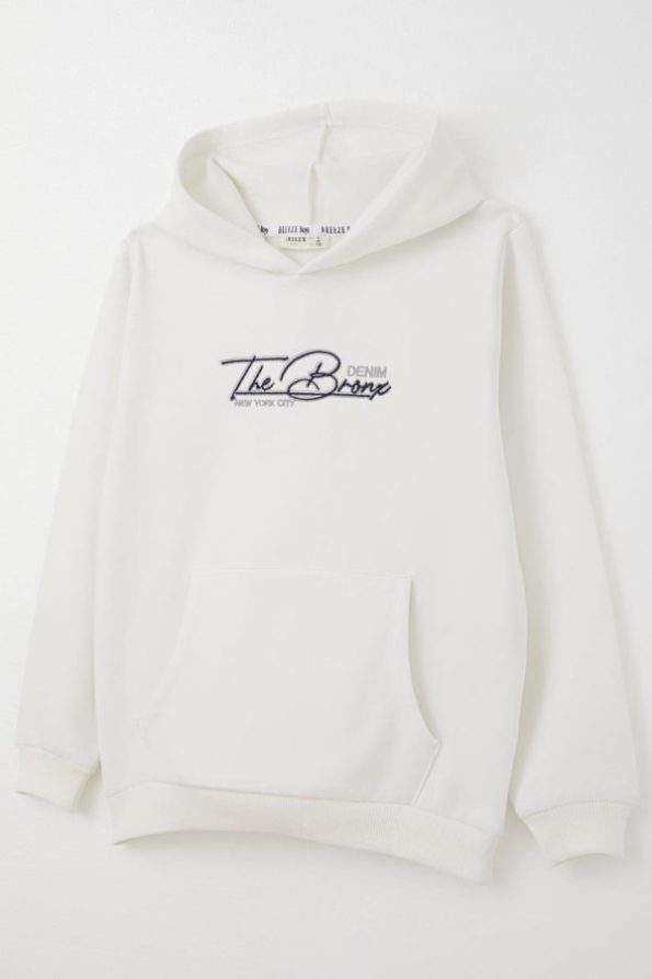 Boys' Hoodie with Embroidered Design and Kangaroo Pocket in Ecru (Ages 4-8)