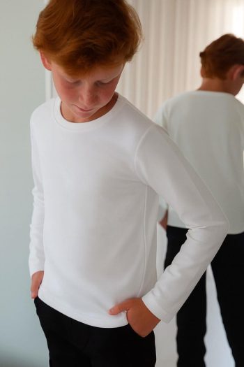 Boys' Long Sleeve Basic T-Shirt Cream (Ages 7-12)