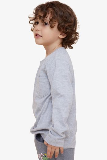 Boys' Long Sleeve Pocket T-Shirt in Light Grey Melange (4-8 Years)