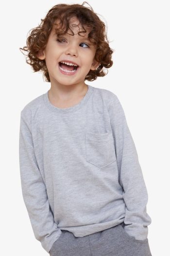 Boys' Long Sleeve Pocket T-Shirt in Light Grey Melange (4-8 Years)