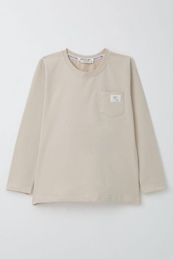 Boys' Long Sleeve T-Shirt with Cool Patches and Pocket Beige (Ages 4-8)