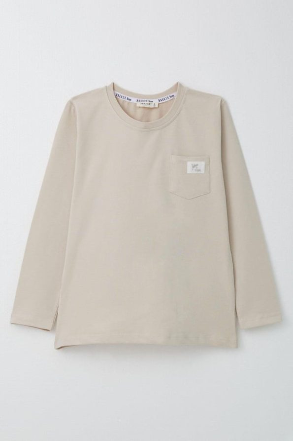 Boys' Long Sleeve T-Shirt with Cool Patches and Pocket Beige (Ages 4-8)
