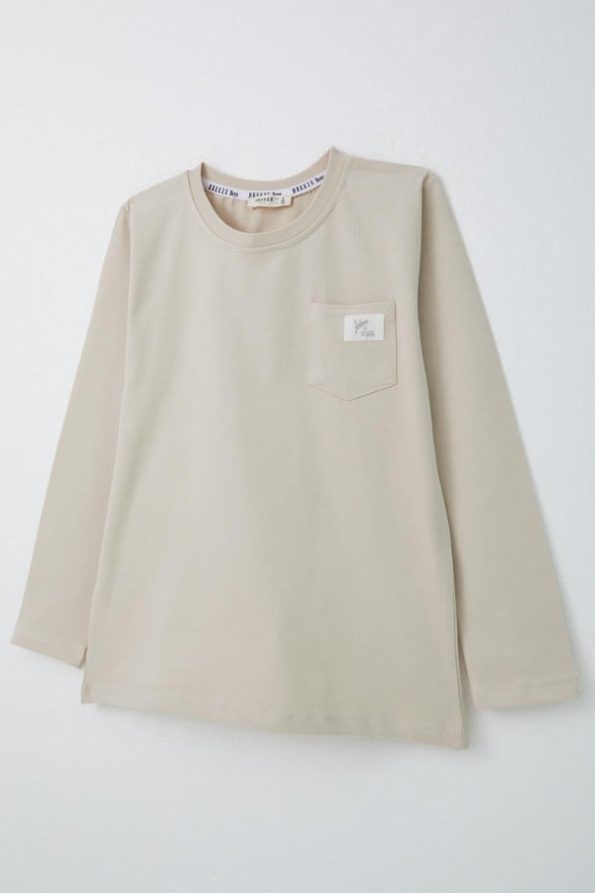 Boys' Long Sleeve T-Shirt with Cool Patches and Pocket Beige (Ages 4-8)