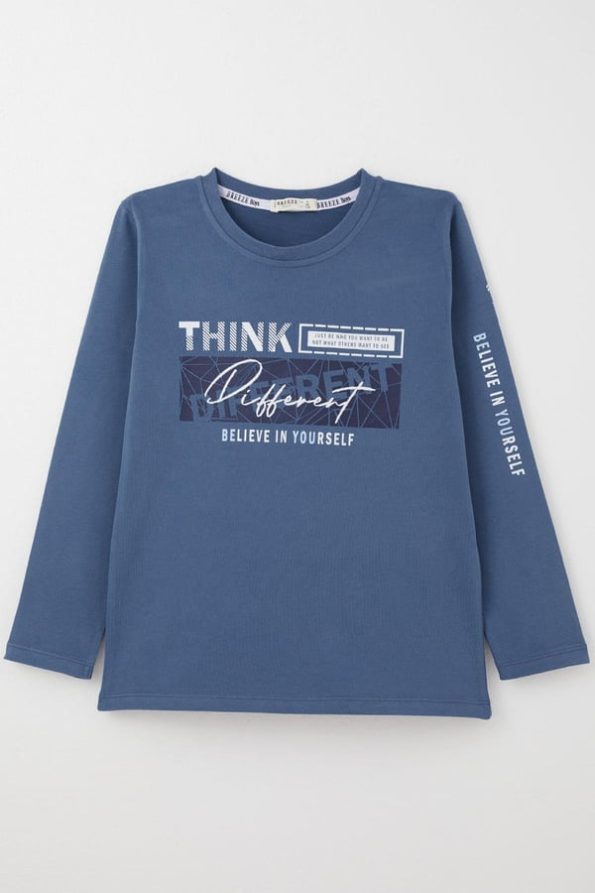 Boys' Long Sleeve Motivational T-Shirt with Printed Back in Indigo (6-12 Years)
