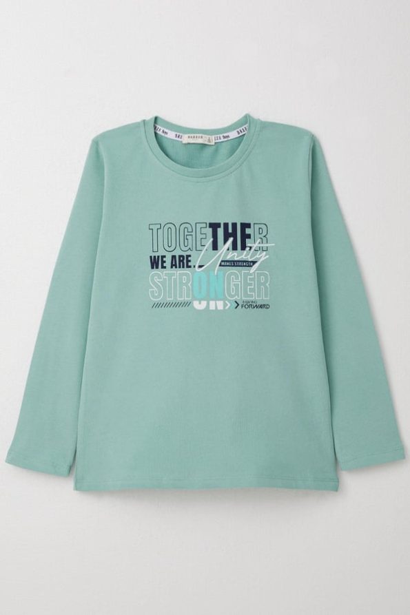 Boys' Long Sleeve Motivational Print T-Shirt in Aqua Green (Ages 6-10)