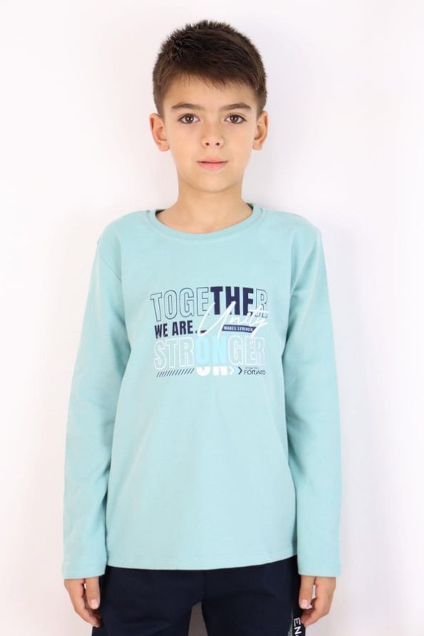 Boys' Long Sleeve Motivational Print T-Shirt in Aqua Green (Ages 6-10)