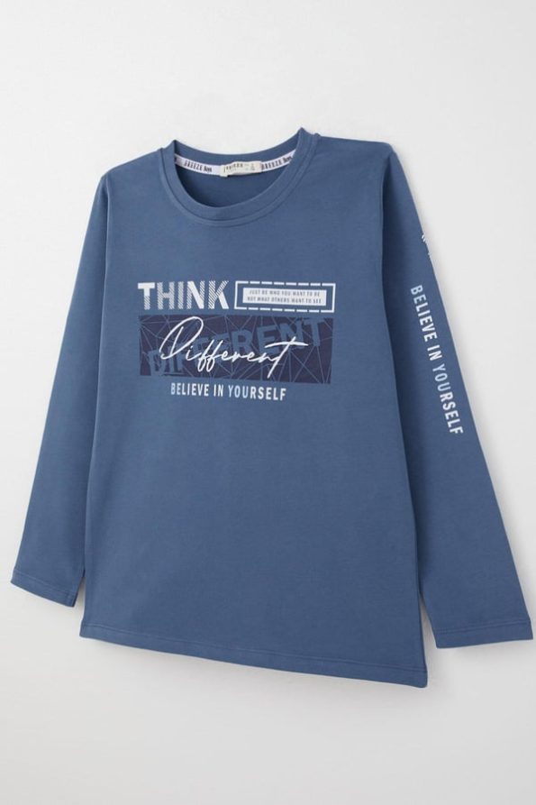 Boys' Long Sleeve Motivational T-Shirt with Printed Back in Indigo (6-12 Years)