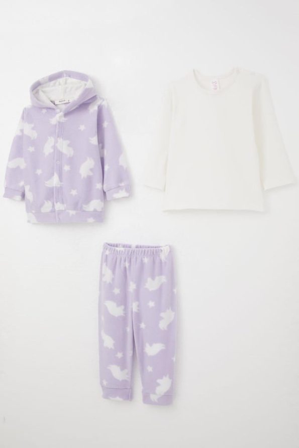Lilac Star Patterned Fleece Set for Baby Girls (4 Months - 1 Year)