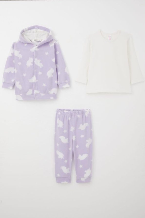 Lilac Star Patterned Fleece Set for Baby Girls (4 Months - 1 Year)
