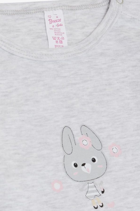Girls' Baby Snap Bodysuit with Cute Bunny Print in Light Grey Melange (9 Months - 3 Years)
