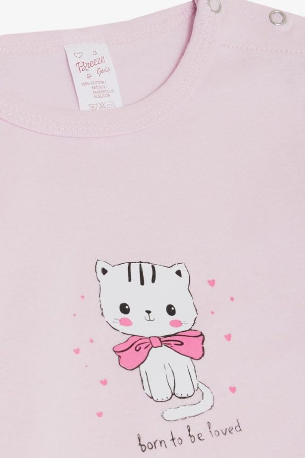 Girls' Baby Snap Bodysuit with Love-Themed Kitten Print in Pink (9 Months - 3 Years)