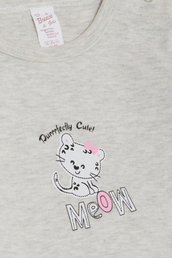Girls' Baby Snap Bodysuit with Cute Kitten Print in Light Gray Melange (9 Months - 3 Years)