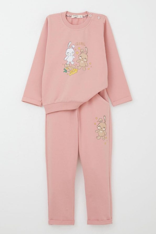 Girls' Baby Tracksuit with Happy Bunny Print and Floral Design (9 Months - 3 Years)