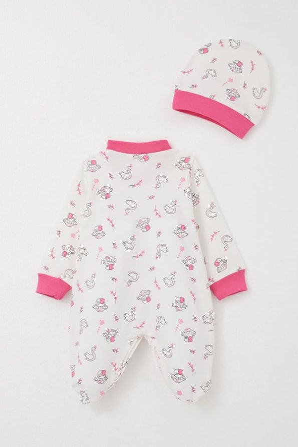 Girls' Baby Footed Romper White with Princess Swan Print (0-6 Months)