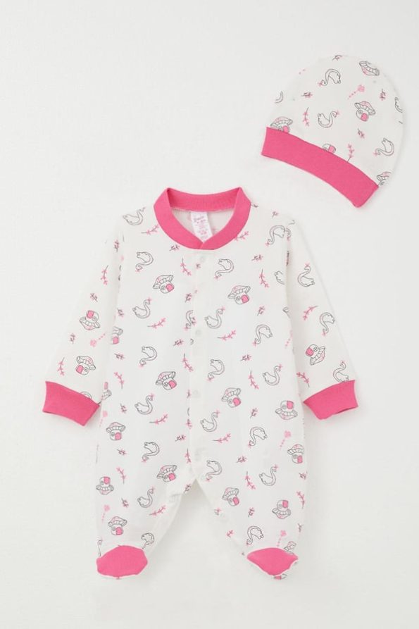 Girls' Baby Footed Romper White with Princess Swan Print (0-6 Months)