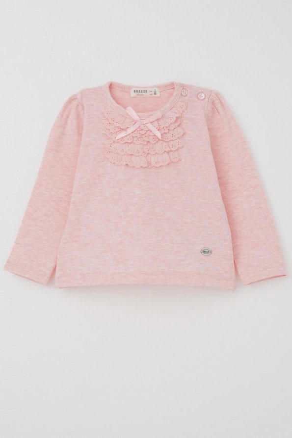 Girls' Long Sleeve T-Shirt with Lace Bow in Salmon Melange (6 Months - 2 Years)