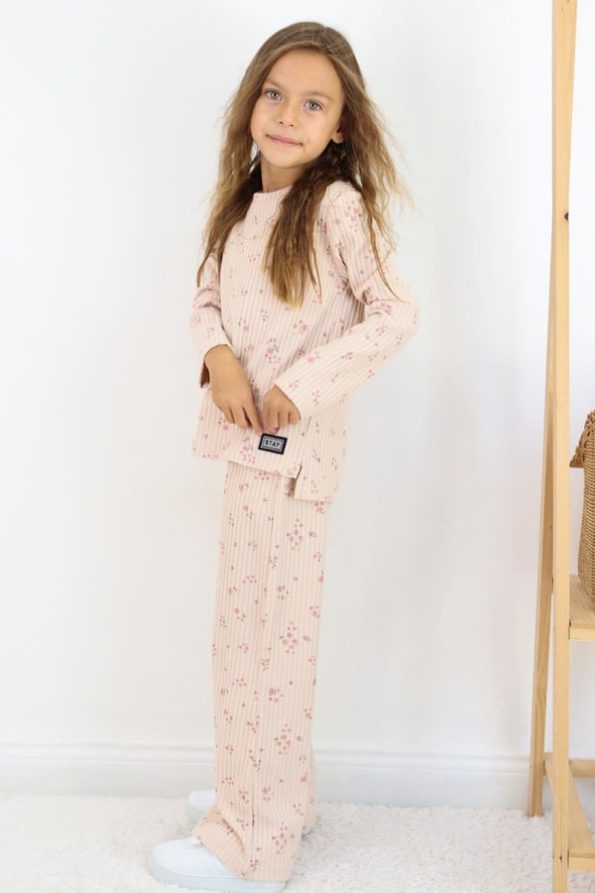 Girls' Floral Print Pant Set with Bow Accessory in Powder (Ages 4-8)