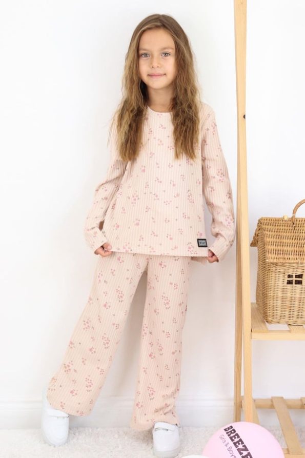 Girls' Floral Print Pant Set with Bow Accessory in Powder (Ages 4-8)