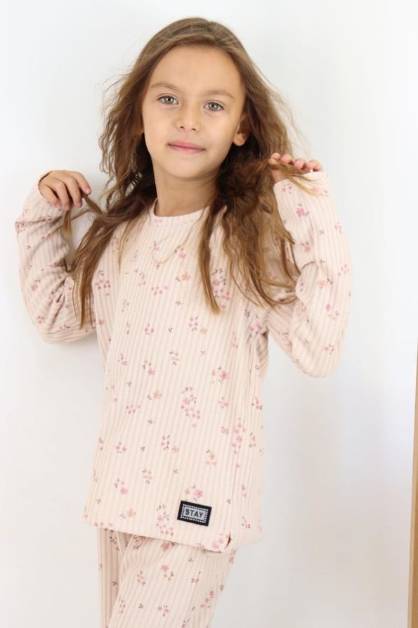 Girls' Floral Print Pant Set with Bow Accessory in Powder (Ages 4-8)