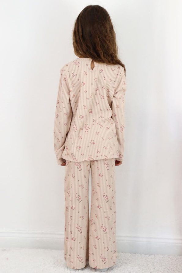 Girls' Floral Print Pant Set with Bow Accessory in Powder (Ages 4-8)