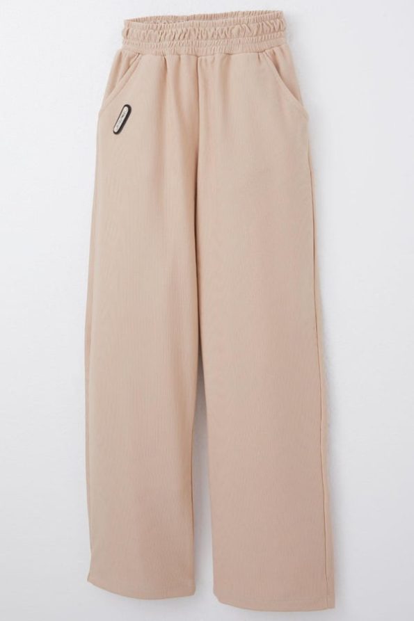 Girls' Casual Beige Sweatpants with Elastic Waist and Pockets (6-12 Years)