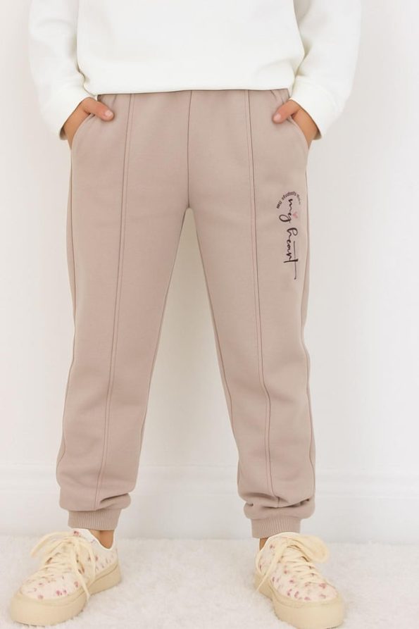 Girls' Sweatpants with Pocket and Stitch Detail in Mink (Ages 3-7)