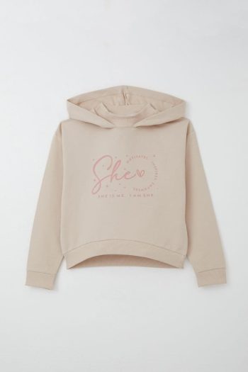 Girls' Hooded Sweatshirt Set with Fisherman's Neck in Beige (Ages 8-14)