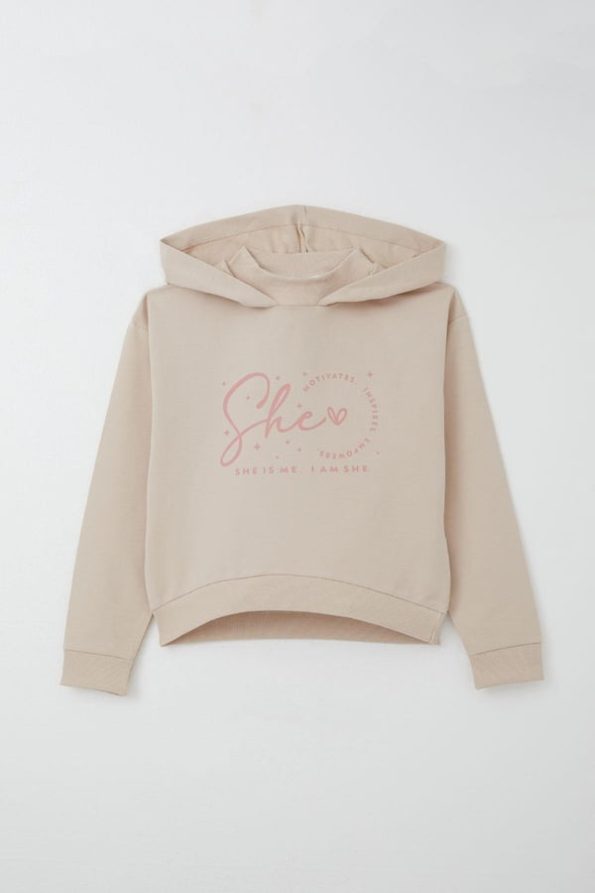 Girls' Hooded Sweatshirt Set with Fisherman's Neck in Beige (Ages 8-14)