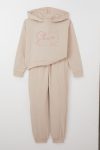 Girls' Hooded Sweatshirt Set with Fisherman's Neck in Beige (Ages 8-14)
