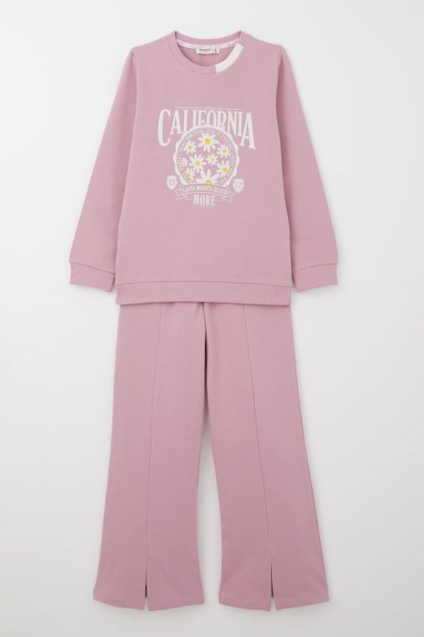 Girls' Floral Print Wide-Leg Tracksuit in Dusty Rose (Ages 5-10)