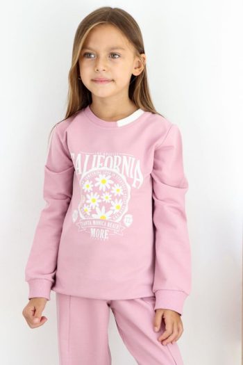 Girls' Floral Print Wide-Leg Tracksuit in Dusty Rose (Ages 5-10)