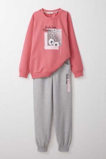 Girls' Flower Print Sweatshirt Set in Coral (Ages 8-10)