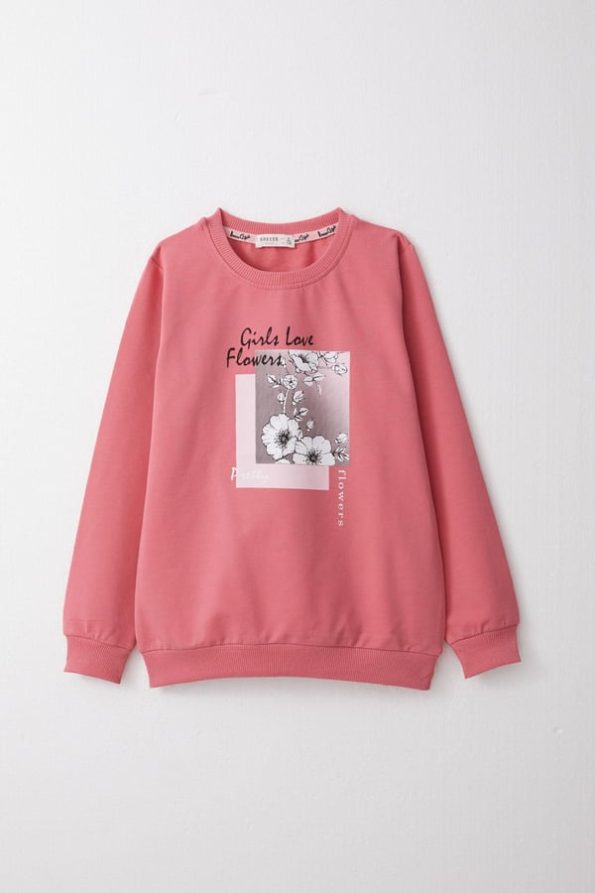 Girls' Flower Print Sweatshirt Set in Coral (Ages 8-10)