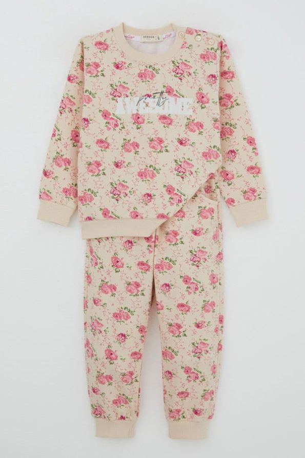 Girls' Flower Print Sweatshirt Set Beige (Ages 1.5-5)