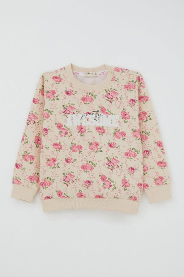 Girls' Flower Print Sweatshirt Set Beige (Ages 1.5-5)