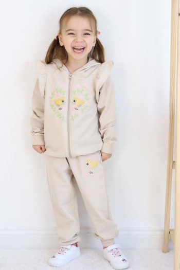 Girls' Tracksuit with Floral & Bird Embroidery in Beige (1.5-4 Years)