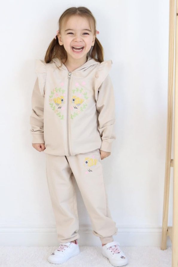 Girls' Tracksuit with Floral & Bird Embroidery in Beige (1.5-4 Years)