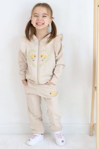 Girls' Tracksuit with Floral & Bird Embroidery in Beige (1.5-4 Years)
