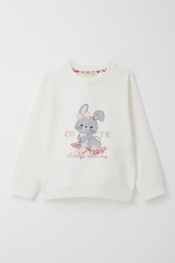 Girls' Sweatshirt Set with Bow and Cute Bunny Print in Ecru (1-4 Years)