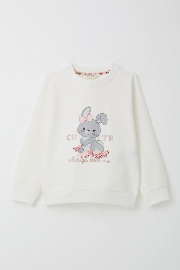 Girls' Sweatshirt Set with Bow and Cute Bunny Print in Ecru (1-4 Years)