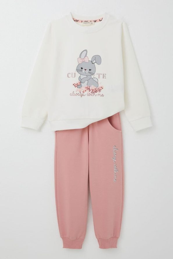 Girls' Sweatshirt Set with Bow and Cute Bunny Print in Ecru (1-4 Years)