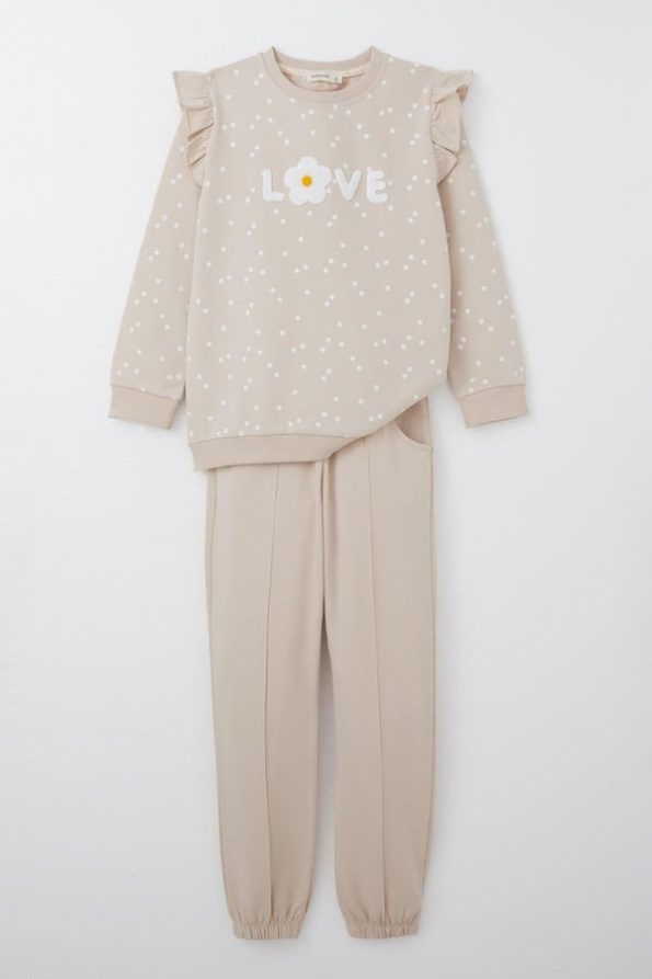 Girls' Sweatshirt Set with Embossed Floral Print in Beige (Ages 4-8)