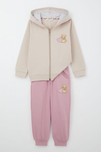 Girls' Sweatshirt Set with Heart Bear Print in Beige (Ages 1.5-5)