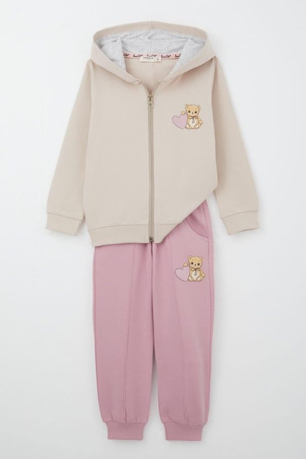 Girls' Sweatshirt Set with Heart Bear Print in Beige (Ages 1.5-5)