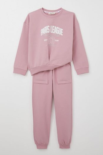 Girls' Athletic Tracksuit Set with V-Stitched Front in Dusty Rose (Ages 5-10)